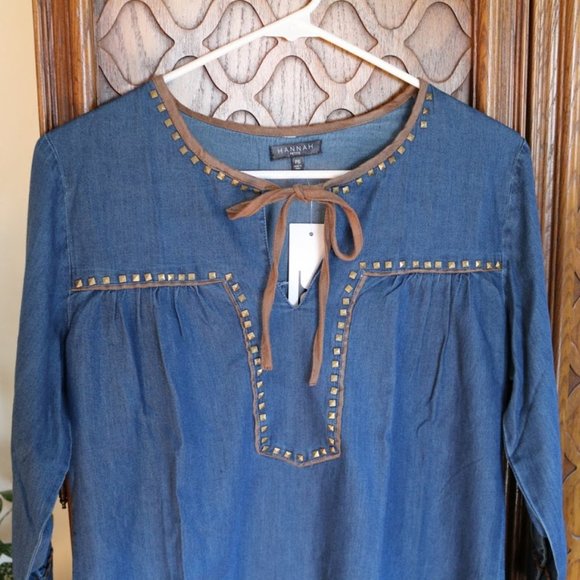 Hannah Tie Neck Denim Studded Peasant Top Tunic  – NWT! - Picture 5 of 13